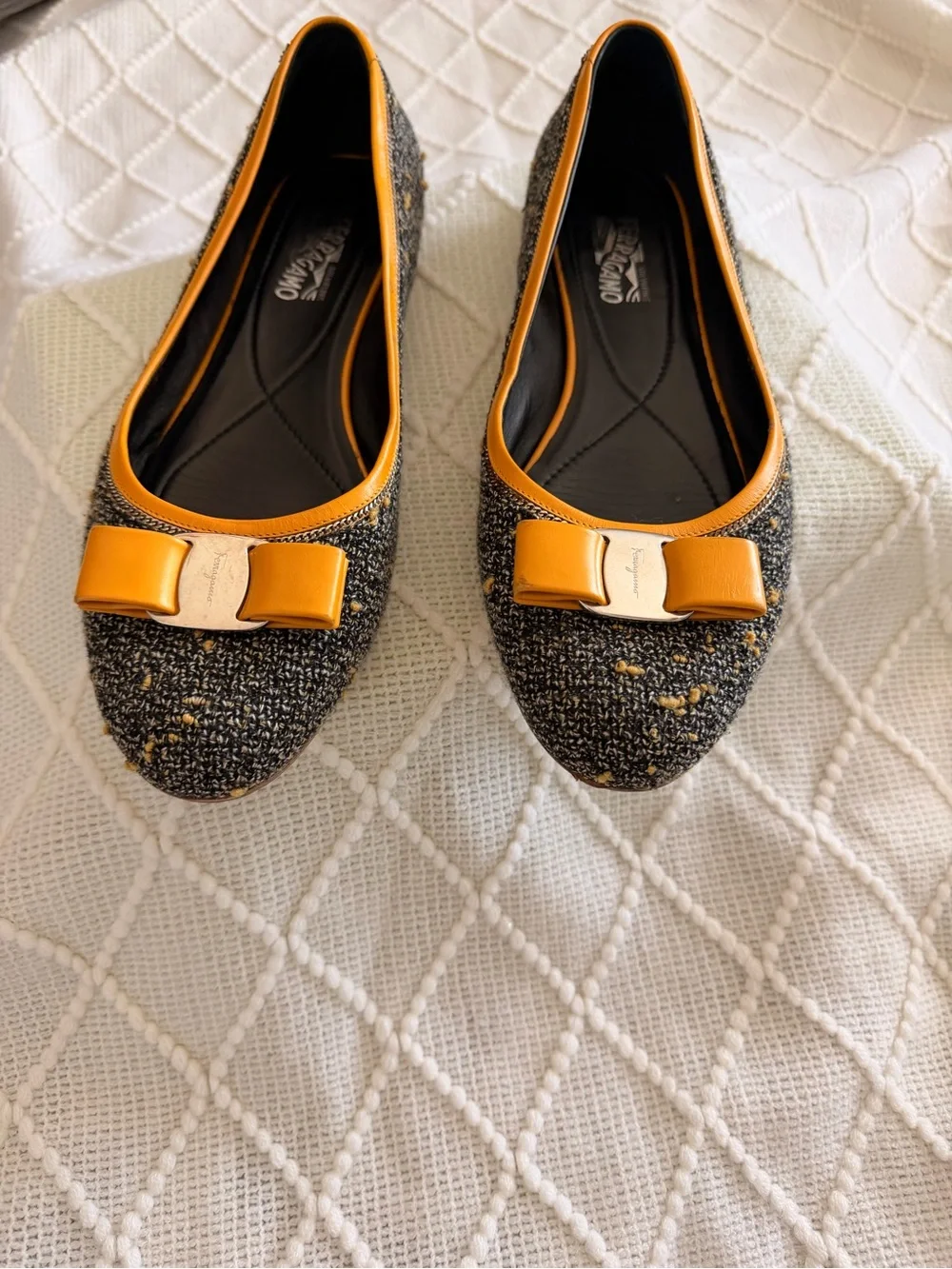 Salvatore Ferragamo Black and Mustard Tweed Vara Bow Flats